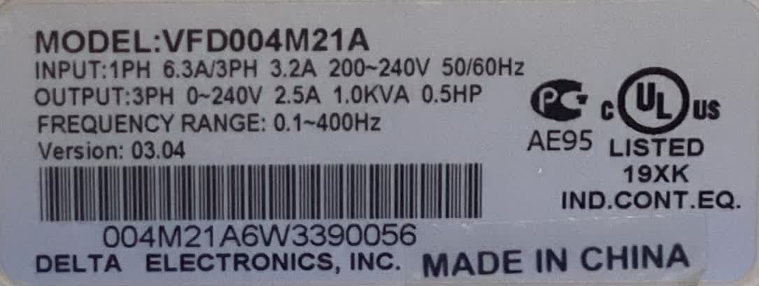 C52  اینورتر دلتا  VFD004M21A  Delta VFD004M21A VFD-M AC Drive Series: VFD-M / 0.5 HP / 0.4KW / 230 V 2.5 A Input: 1/3 PH